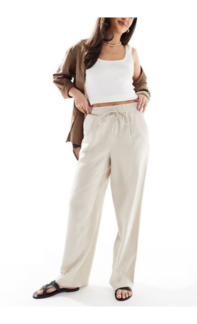 Vero Moda linen blend tie waist trousers in stone