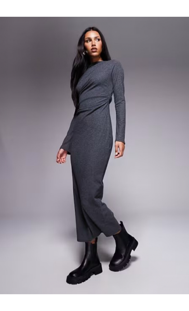 ASOS DESIGN ribbed drape maxi dress in charcoal