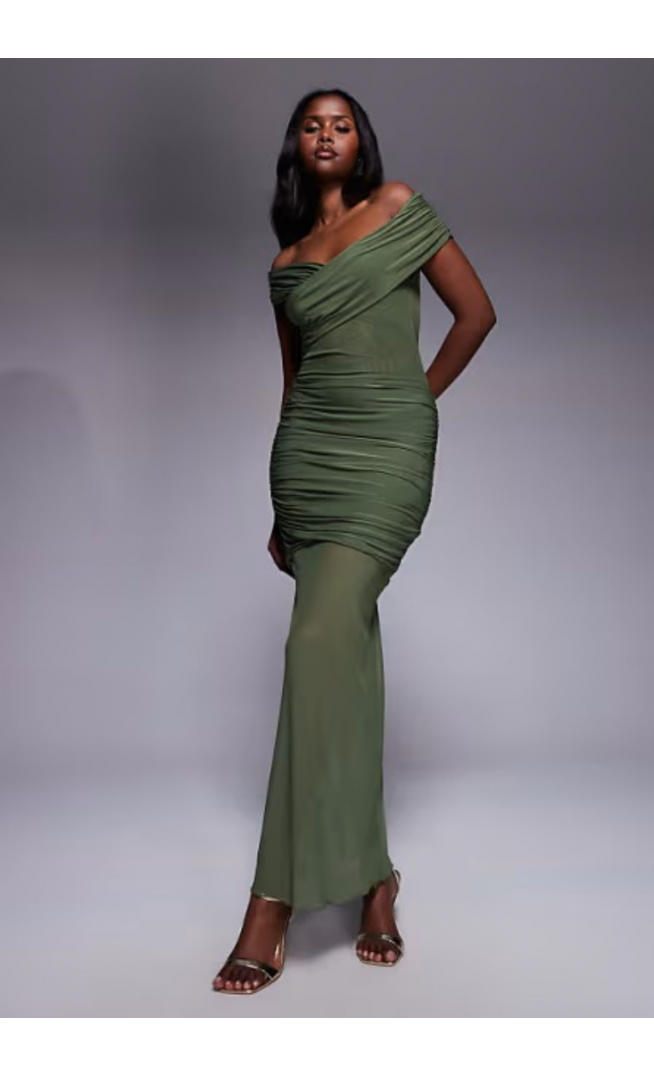 Kaiia exclusive double layered slinky off shoulder maxi dress