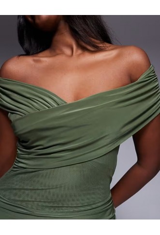 Kaiia exclusive double layered slinky off shoulder maxi dress