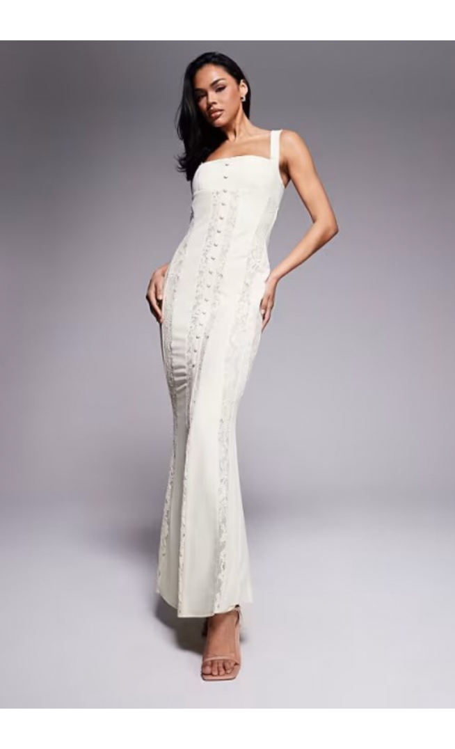 Murci exclusive square neck sheer lace panel maxi dress