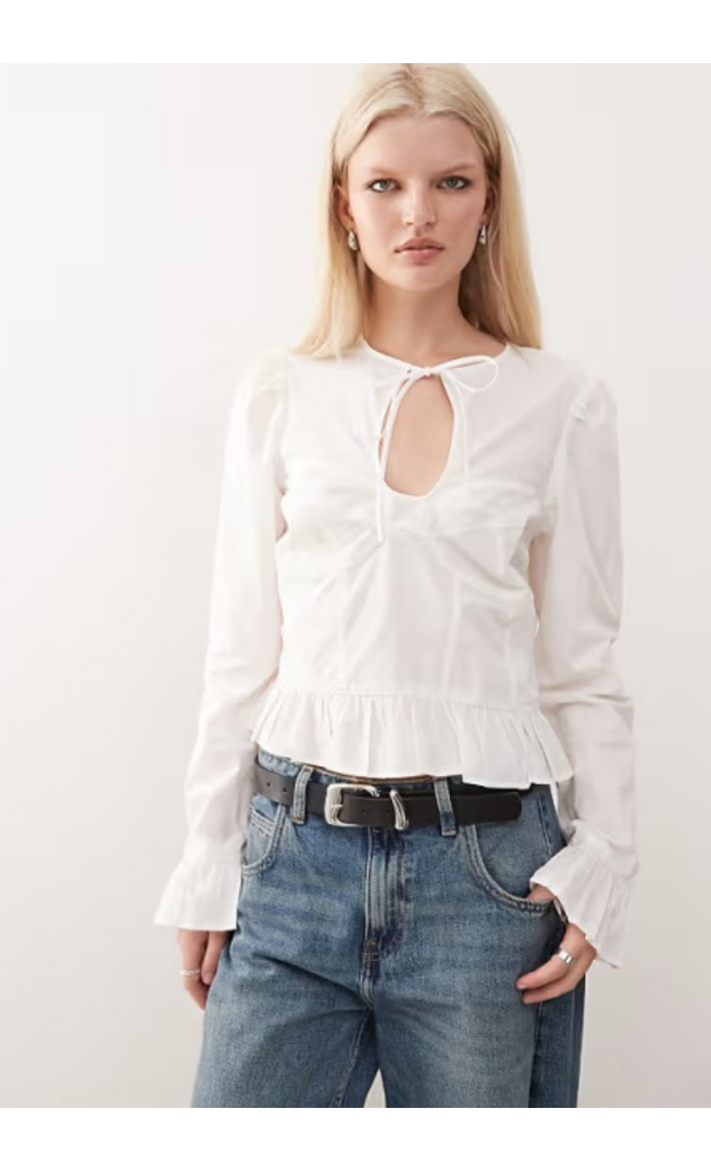 Monki keyhole long sleeve top with peplum detail