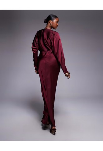 ASOS DESIGN satin batwing maxi dress in burgundy