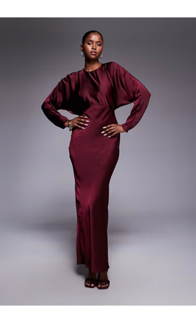 ASOS DESIGN satin batwing maxi dress in burgundy
