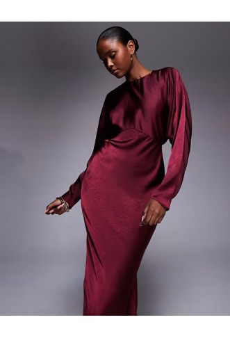 ASOS DESIGN satin batwing maxi dress in burgundy