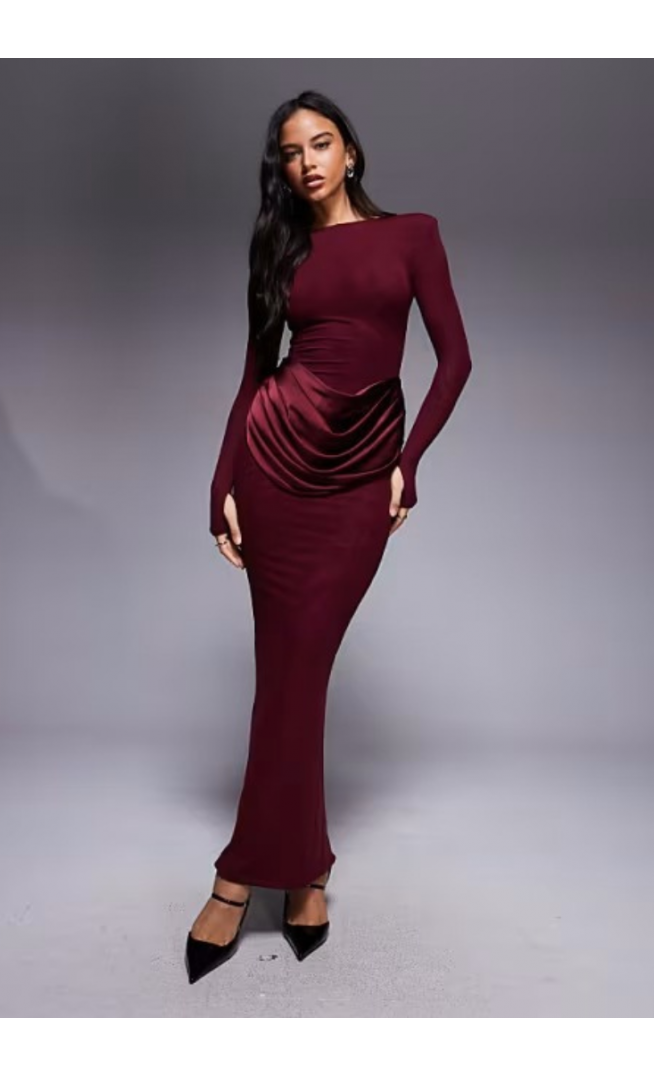 Wanderdoll Eman slash neck satin drape waist maxi dres