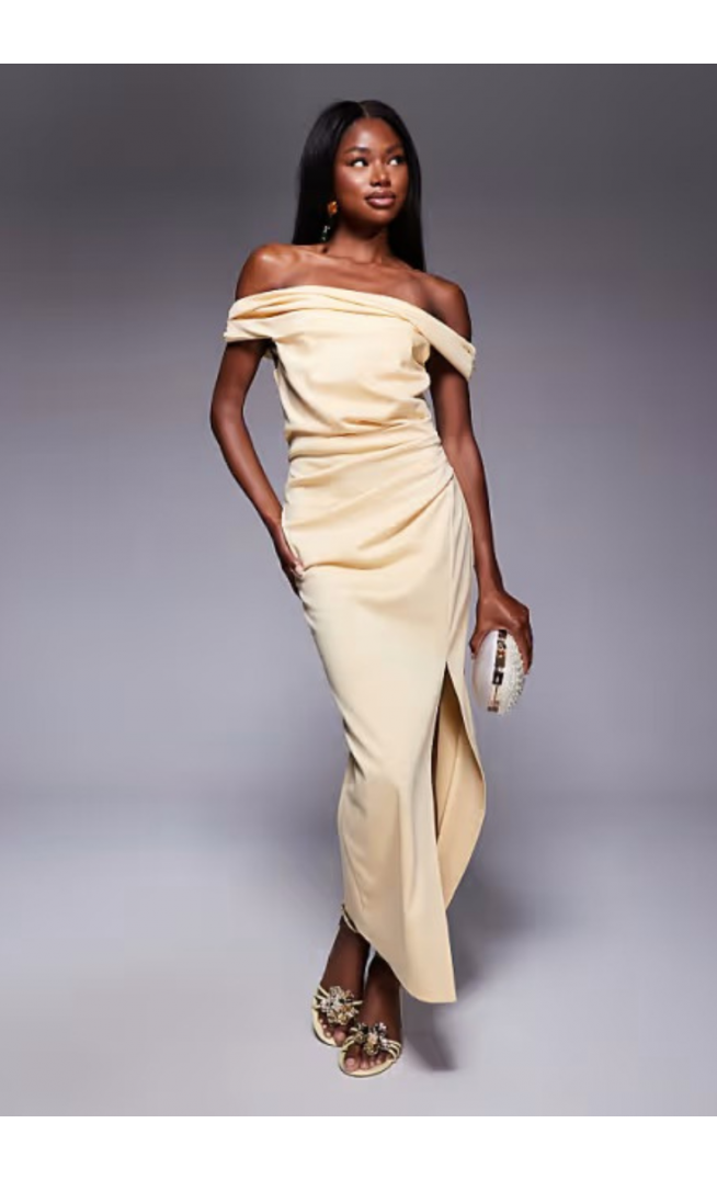 ASOS DESIGN twist bardot bodycon midi dress in light yellow