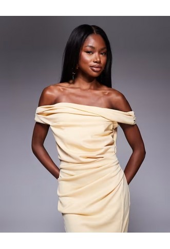 ASOS DESIGN twist bardot bodycon midi dress in light yellow