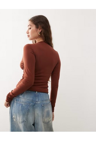 Weekday plunge long sleeve top in rustic red