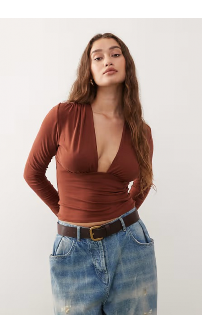 Weekday plunge long sleeve top in rustic red