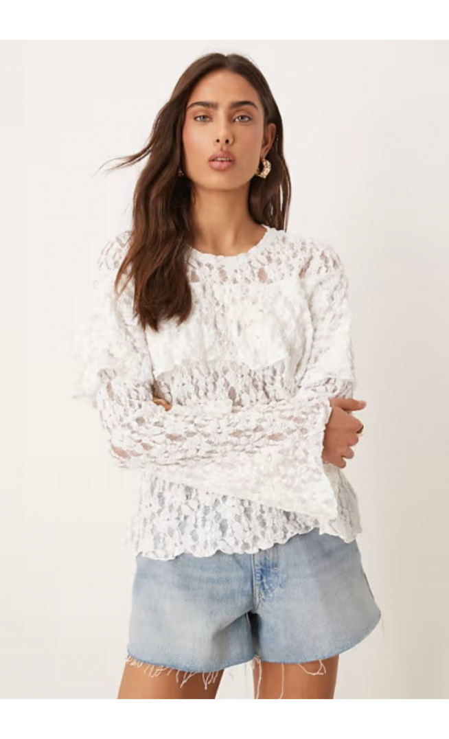 Gina Tricot jersey scalloped lace long sleeve caped top