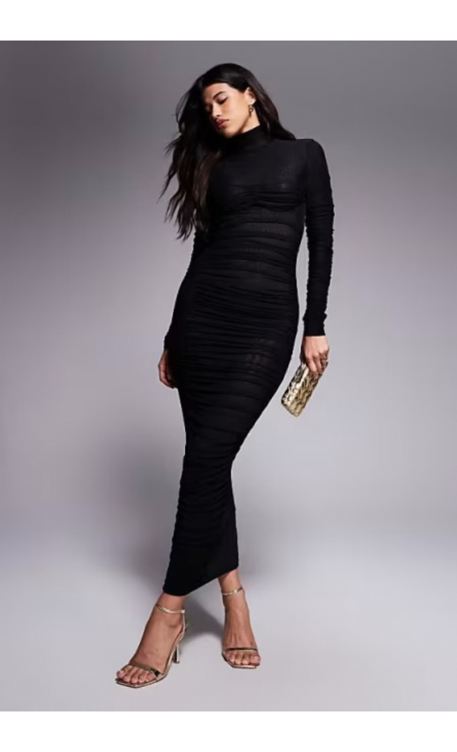 Ruched & Ready sculpted semi sheer mesh maxi dress