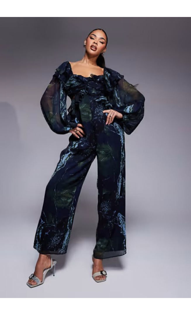 ASOS DESIGN long sleeve ruffle off shoulder jumpsuit