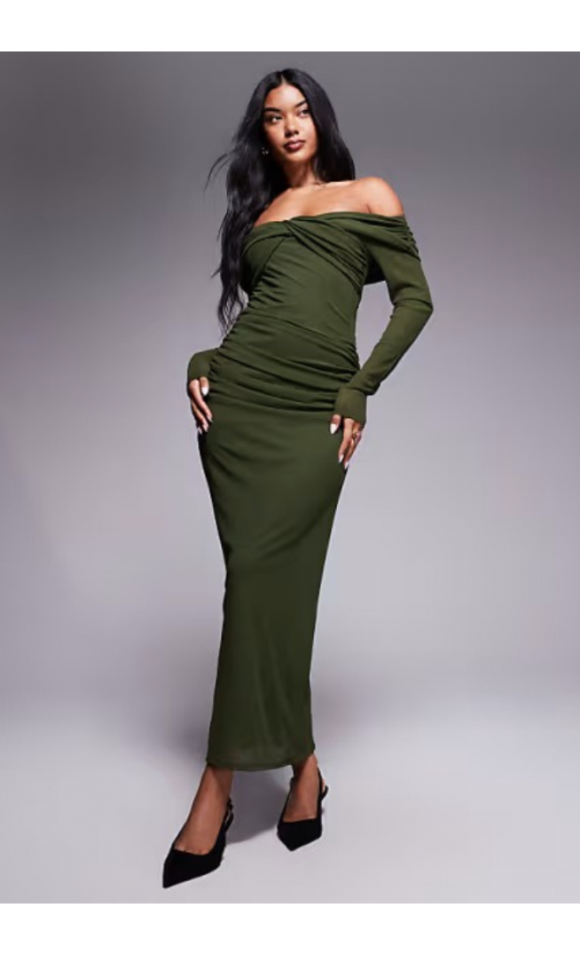 ASOS DESIGN textured mesh bardot twist front midi dress