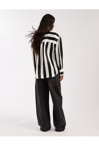 ASOS DESIGN satin oversized shirt in black stripe