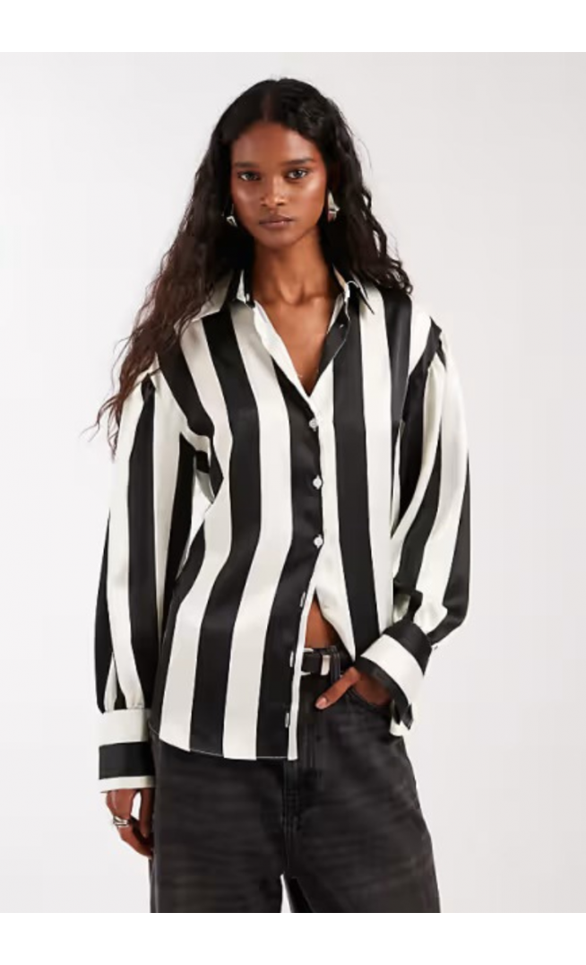 ASOS DESIGN satin oversized shirt in black stripe