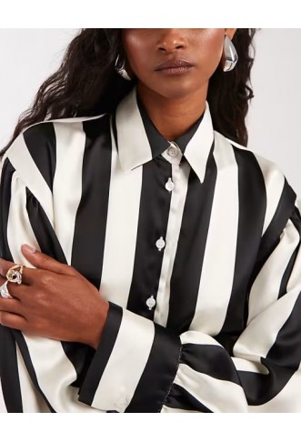 ASOS DESIGN satin oversized shirt in black stripe