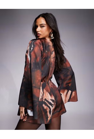 ASOS DESIGN satin long sleeve high neck playsuit