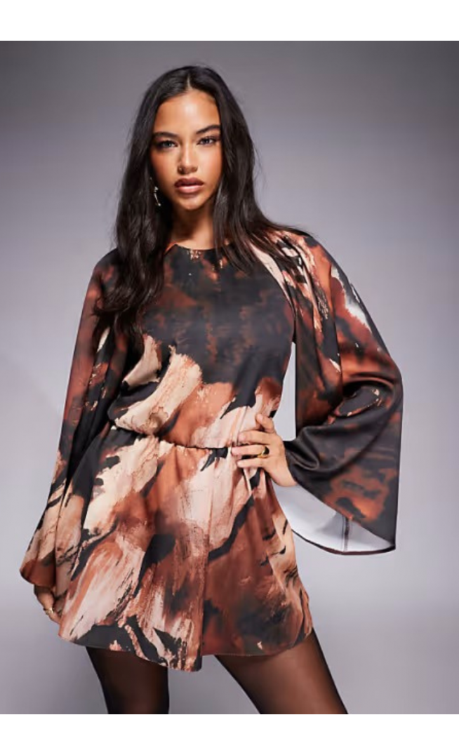 ASOS DESIGN satin long sleeve high neck playsuit