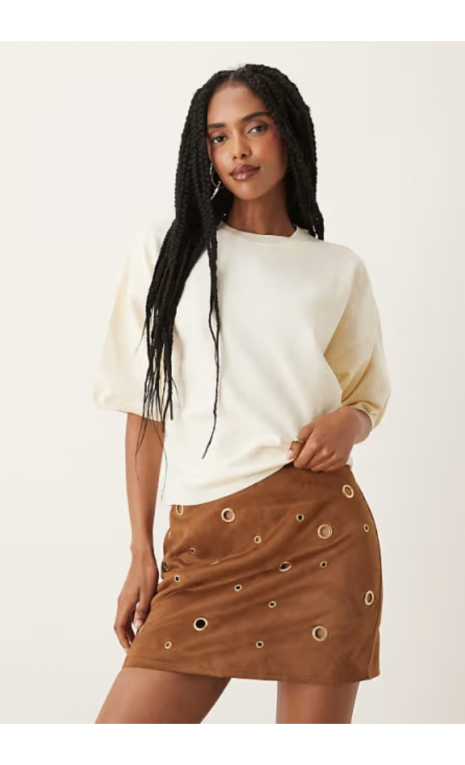 ASOS DESIGN ruched side knitted t-shirt in cream