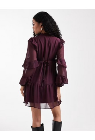 New Look Petite ruffle chiffon long sleeve mini dress