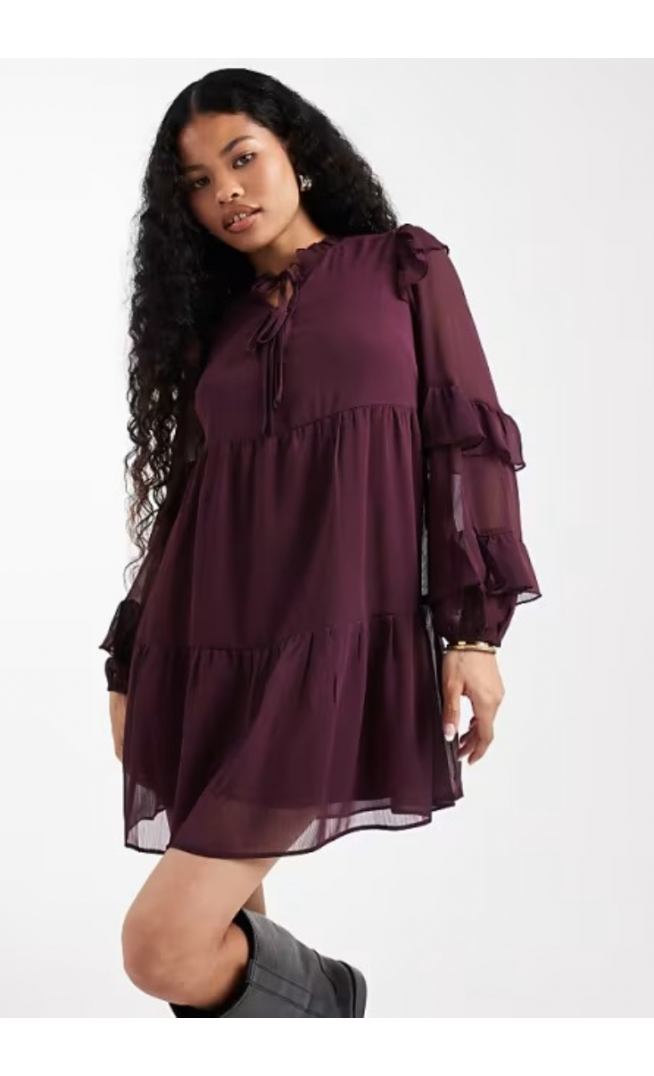 New Look Petite ruffle chiffon long sleeve mini dress