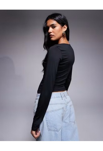 ASOS DESIGN slinky lace trim long sleeve deep v neck top