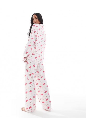 Loungeable jersey pyjama revere top and wide leg pants set