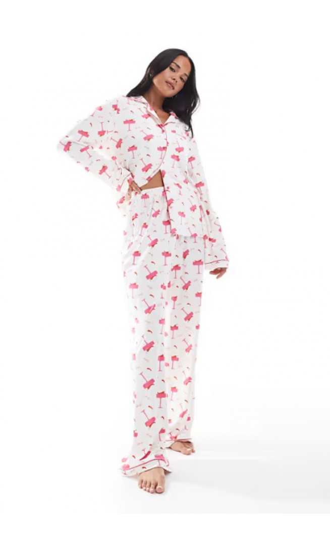 Loungeable jersey pyjama revere top and wide leg pants set