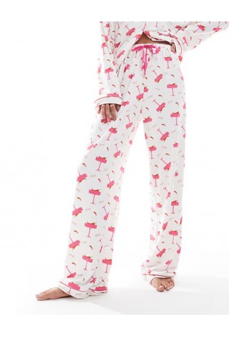 Loungeable jersey pyjama revere top and wide leg pants set