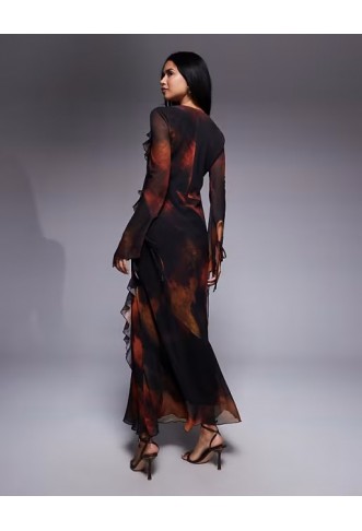 Daska chiffon maxi dress with frill details in orange abstract