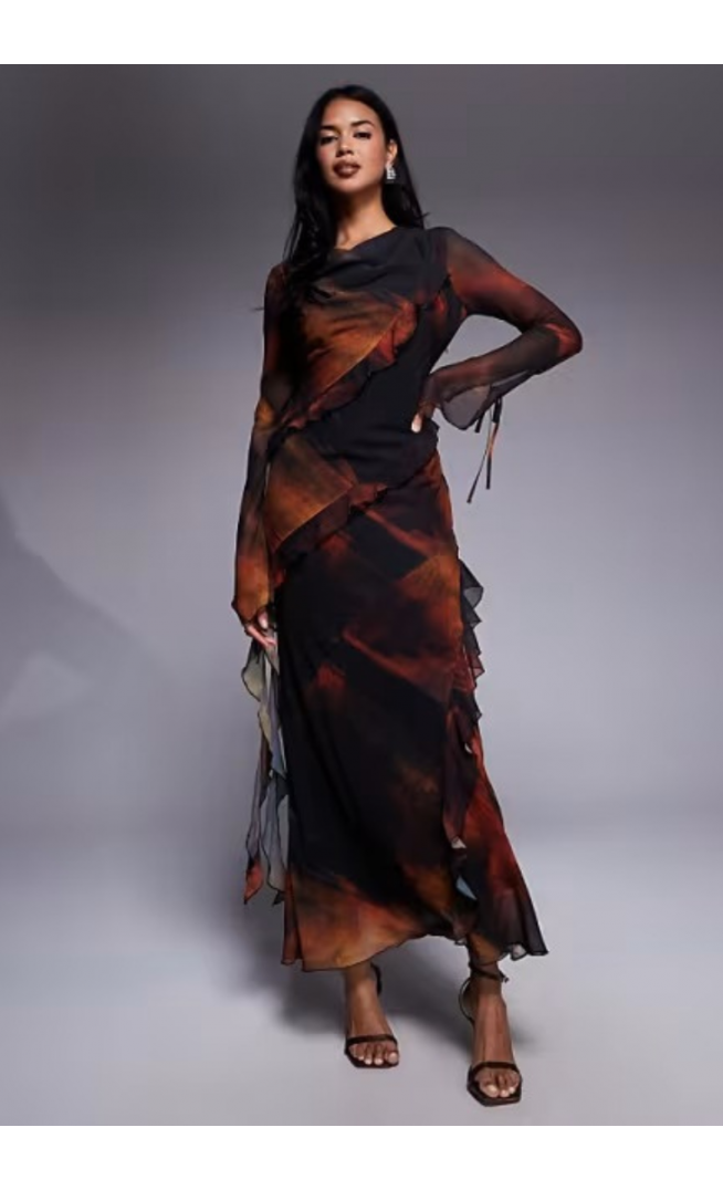 Daska chiffon maxi dress with frill details in orange abstract