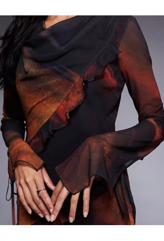 Daska chiffon maxi dress with frill details in orange abstract