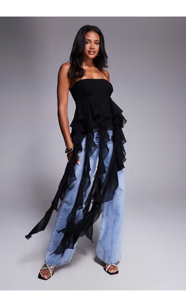 ASOS LUXE exaggerated waterfall ruffle top in black