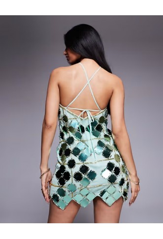 ASOS DESIGN grid embellished halter mini dress