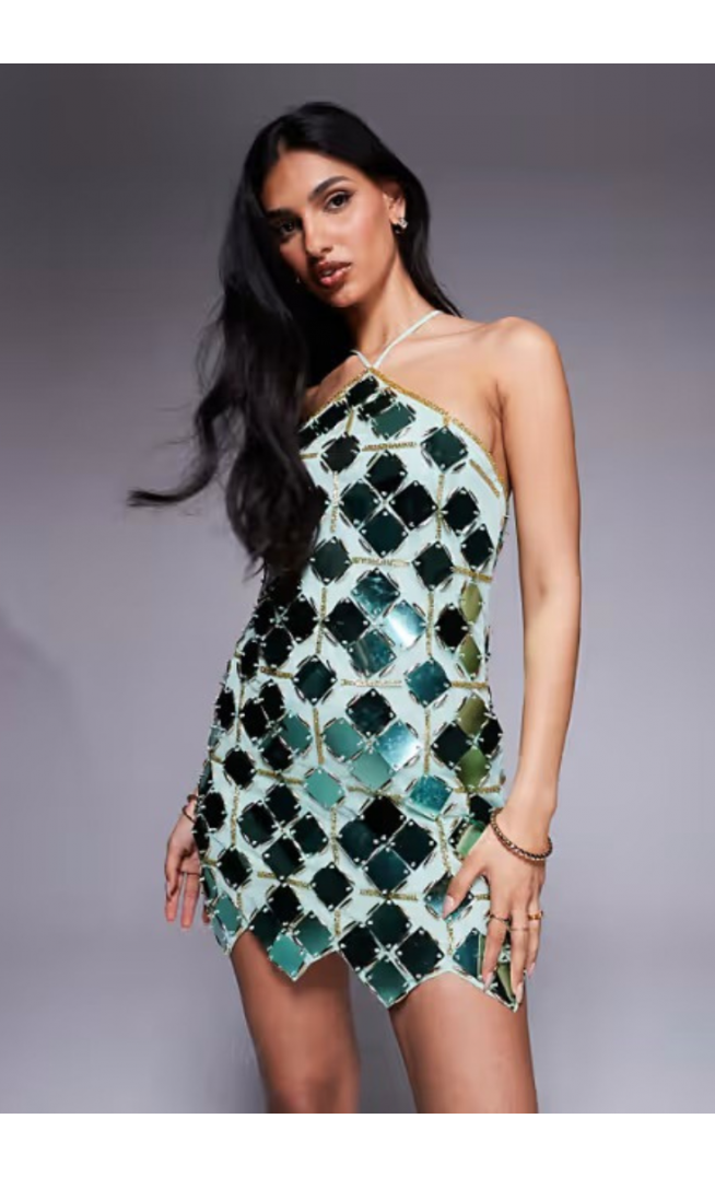 ASOS DESIGN grid embellished halter mini dress