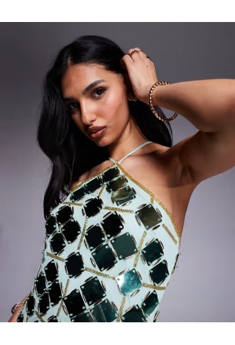 ASOS DESIGN grid embellished halter mini dress