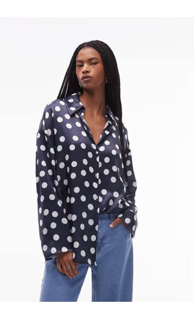 ASOS DESIGN satin wide cuff shirt in polka dot