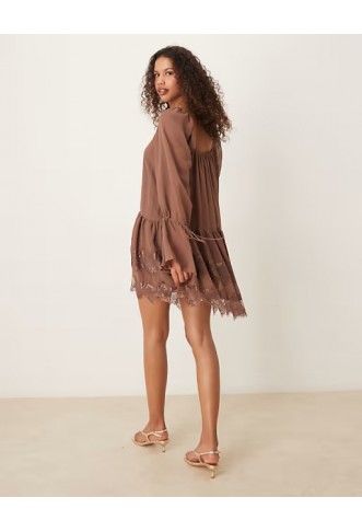 ASOS DESIGN long sleeve sweetheart neckline frilly mini dress