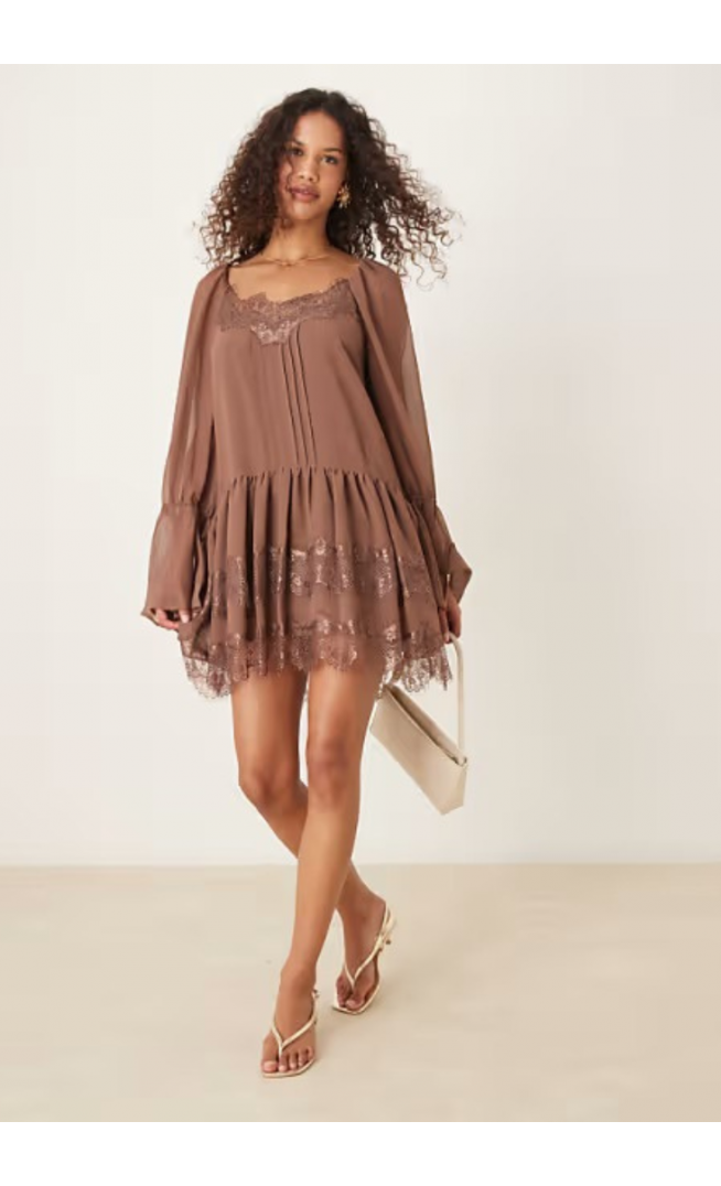 ASOS DESIGN long sleeve sweetheart neckline frilly mini dress