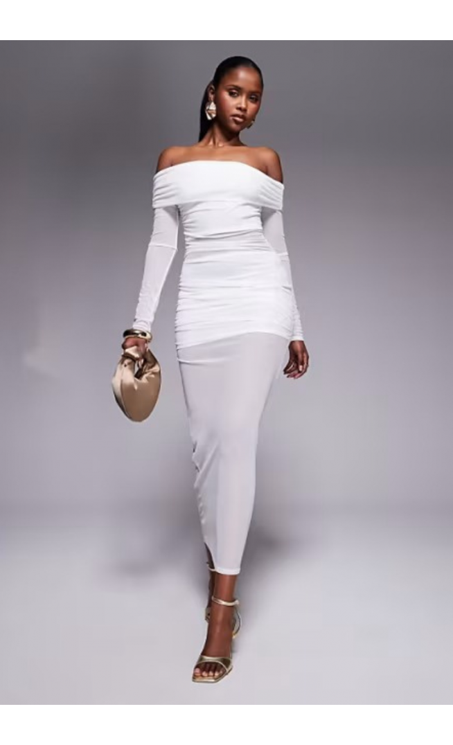 Missyempire mesh insert bardot maxi dress in white