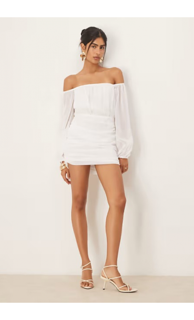 SNDYS bardot mesh long sleeve ruched detail mini dress