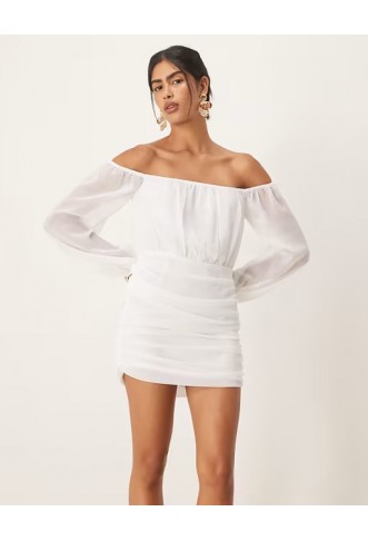 SNDYS bardot mesh long sleeve ruched detail mini dress