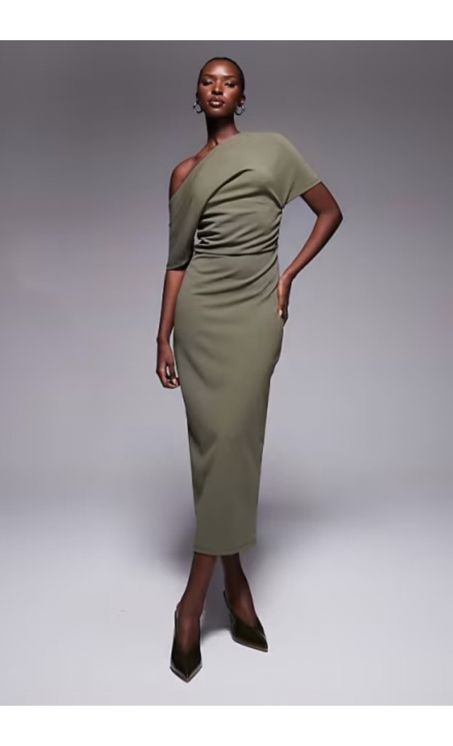 ASOS DESIGN pleated shoulder pencil midi dress