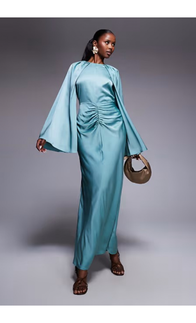 ASOS DESIGN satin long sleeve maxi dress with central ruched skirt