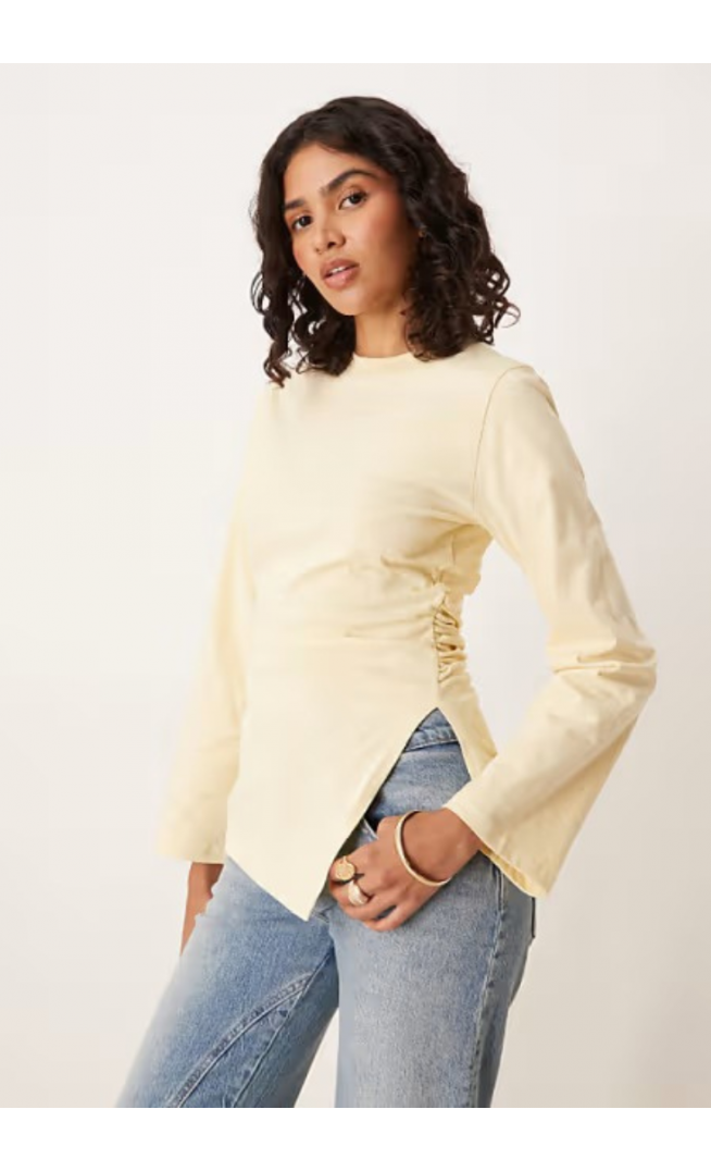 ASOS DESIGN asymmetric hem long sleeve ruched side top