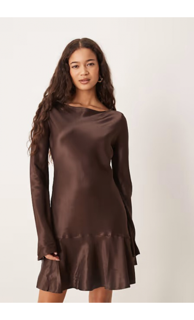 ASOS DESIGN satin drop waist mini dress in chocolate