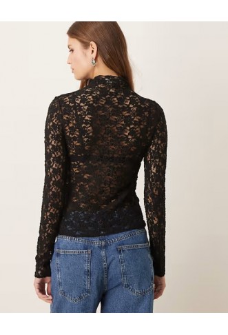 Mango high neck lace top in black