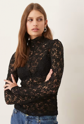 Mango high neck lace top in...