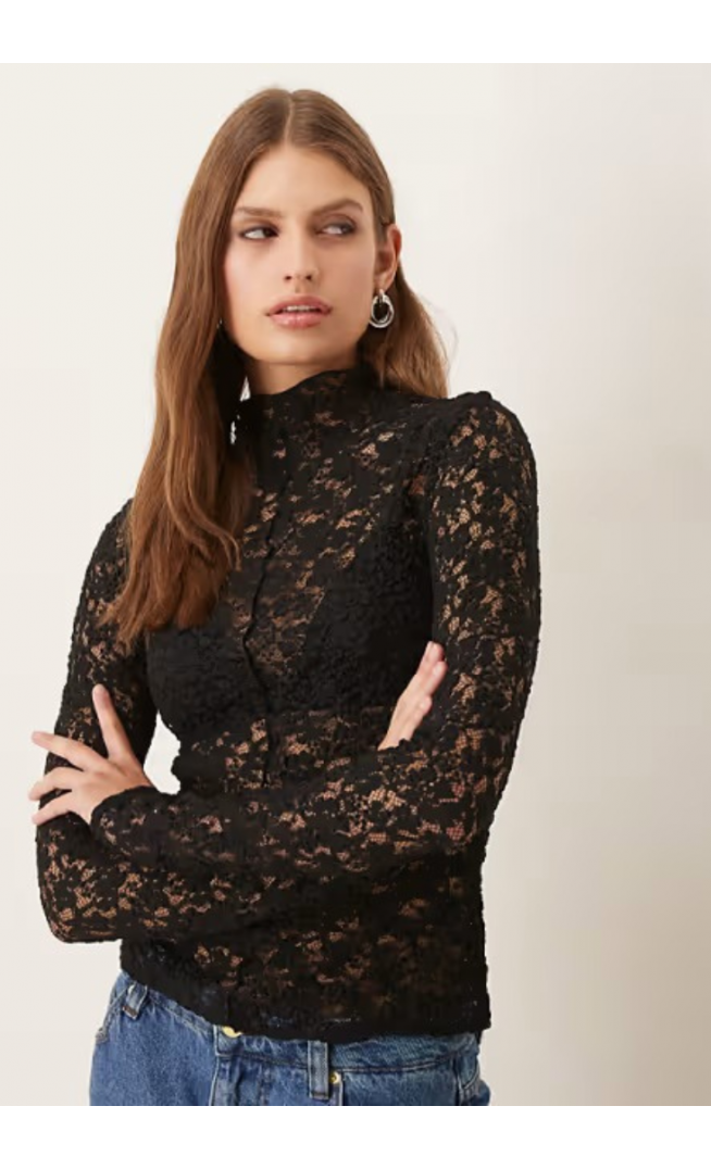 Mango high neck lace top in black